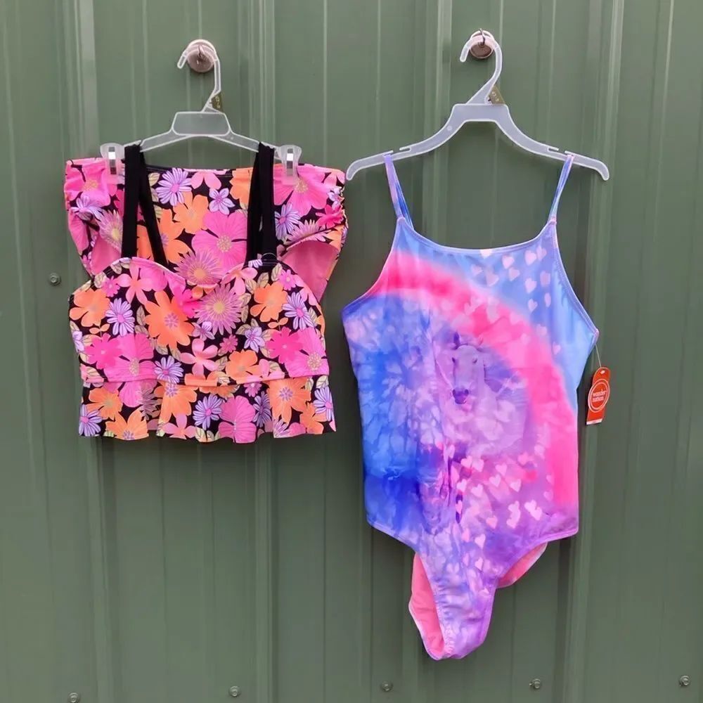 Girls Flounce Bikini & Unicorn One Piece Swimsuit Bathing Suit 2-Pack XL Plus